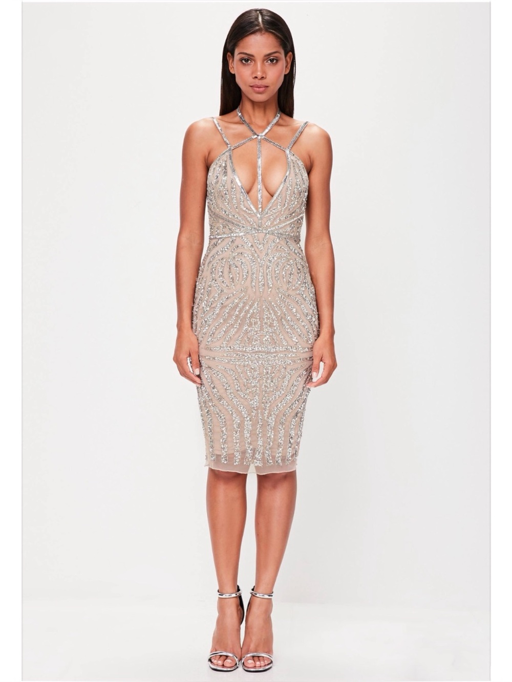 Peace + Love Missguided Sexy Cut-out Nude Silver Sequin Midi Party Dress 2